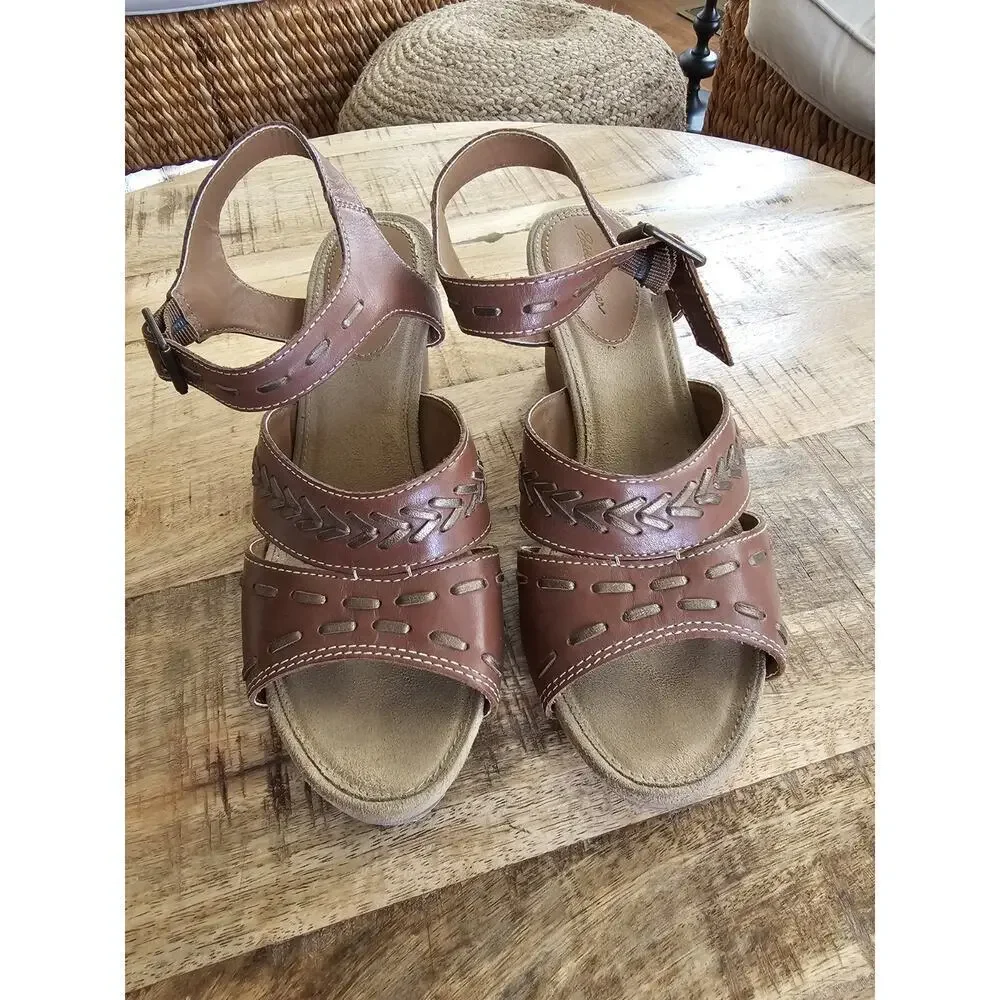 Eddie Bauer Sandals Women's Wedge Leather‎ 9 Stitched Bohemian Beach Vacation